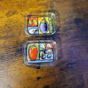 Gently used lot of 2 olive oil dipping vessels glass-multi colored